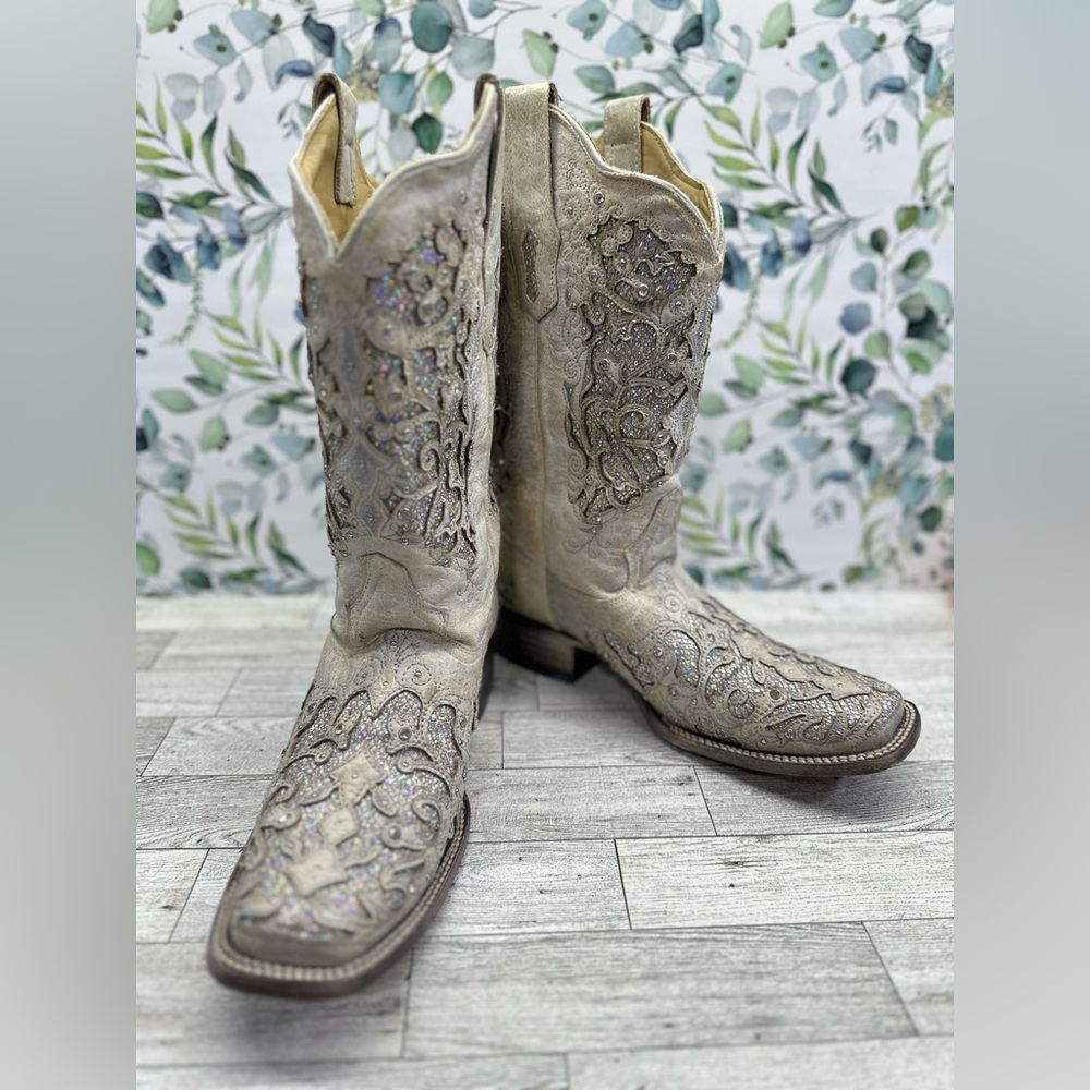 CORRAL WOMEN'S 10 W WHITE GLITTER INLAY WEDDING WESTERN COWBOY BOOTS Square Toe